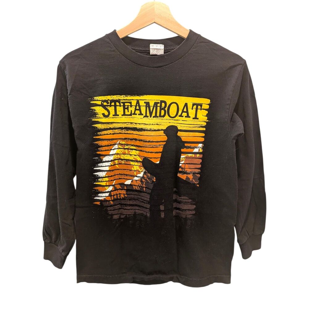 Vintage Steamboat Springs Colorado Long Sleeve Tee Black Ski Sunset Graphic S